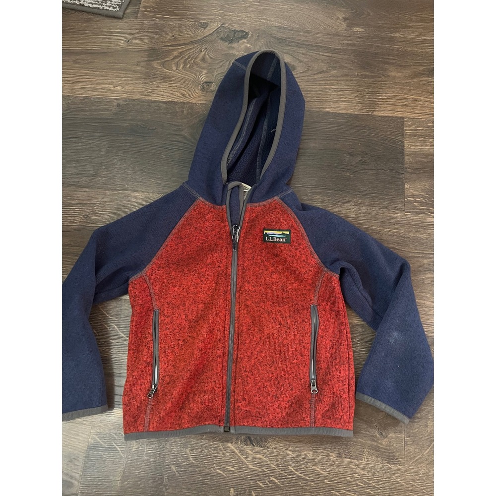 LL Bean Kids Sweater Fleece Full Zip Hooded Jacket Red Navy Blue Size S 4 504935